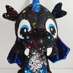 Toy Factory Black Dragon Blush Rainbow Galaxy Sparkle Stars Blue Wings 16 inch